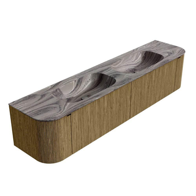 MONDIAZ KURVE-DLUX meuble de salle de bains 200cm arrondi gauche + droite couleur Dusk avec 2 tiroirs et 2 portes. Lavabo STOR SMALL double 2 trous de robinet Sombra.