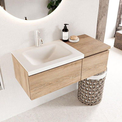 MONDIAZ BUKLA 100cm badmeubel met module 40 kleur Washed Oak met 2 lades. Wastafel CLOUD links 1 kraangat kleur Talc.
