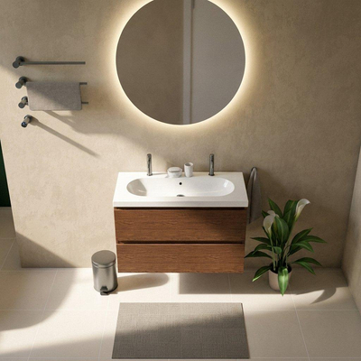 Saniclass Holz Pure Ensemble de meuble de salle de bains - 100x45x63.5cm - lavabo Palermo en céramique blanc - 1 vasque - 2 trous de robinetterie - 2 tiroirs - walnut pure mat (bois)