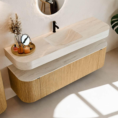 MONDIAZ THOR-DLUX 160cm meuble de salle de bains arrondi gauche + droite couleur Oak avec 1 tiroir et 2 portes. Vasque suspendue CLOUD Milieu 1 trou de robinet couleur Meli.