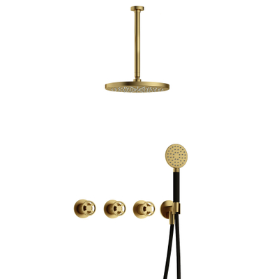 Hotbath Cobber @Work Regendoucheset - inbouw - 30cm plafondarm - 30cm ronde hoofddouche - 3 standen handdouche - Geborsteld messing PVD