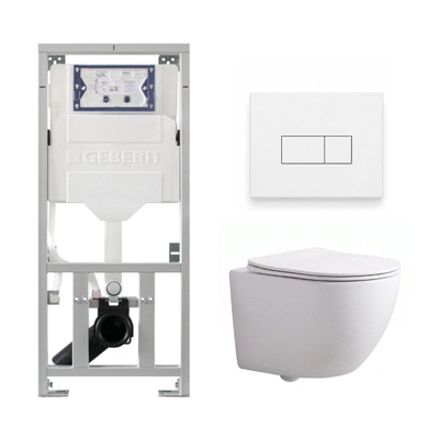 Pack WC QeramiQ Dely Swirl Compact - réservoir encastrable Geberit UP320 - avec bâti-support Burda - abattant slim - plaque de commande en métal blanc mat - boutons rectangulaires - blanc brillant