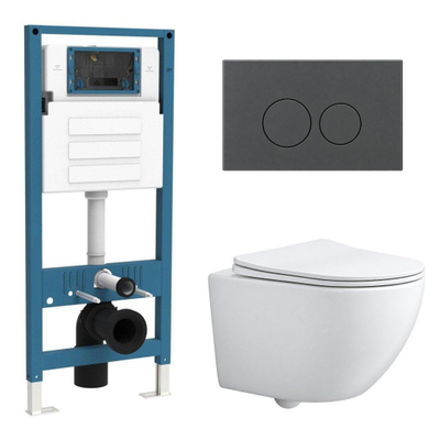 QeramiQ Dely Swirl Compact Ensemble WC - réservoir encastré QeramiQ flush - abattant slim - plaque de commande en plastique anthracite mat - boutons ronds - blanc mat
