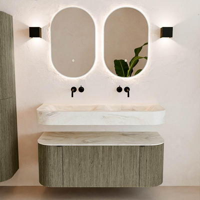MONDIAZ THOR-DLUX 120cm meuble de salle de bains arrondi gauche + droite couleur Shadow avec 1 tiroir et 2 portes. Vasque suspendue CLOUD Double sans trou de robinet couleur Ostra.