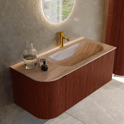MONDIAZ KURVE-DLUX 105cm badmeubel ronding Links kleur Ruby met 1 lade en 1 deur. Wastafel BIG SMALL Rechts 1 kraangat Saba.