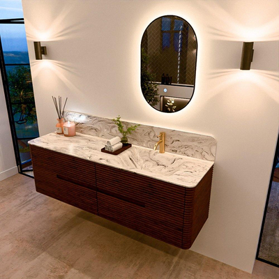 Mondiaz CIRO-DLUX Badkamermeubelset - 160x45x50cm - Solid surface wastafel Glace - 1 wasbak Rechts - 1 kraangat - 4 lades - Ruby