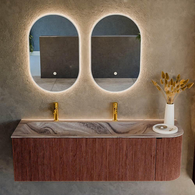 MONDIAZ KURVE-DLUX 145cm badmeubel ronding Rechts kleur Ruby met 1 lade en 1 deur. Wastafel BIG LARGE Links 2 kraangaten Sombra.