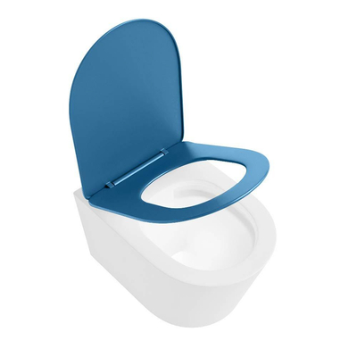 Mondiaz LAVIE hangtoilet – spoelrandloos – 36 x 53 cm – met softclose zitting – Talc (wit), zitting Jeans (blauw)