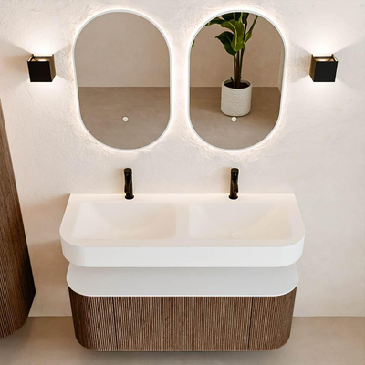MONDIAZ THOR 120cm meuble de salle de bains arrondi gauche + droite couleur Walnut avec 1 tiroir et 2 portes. Vasque suspendue CLOUD Double 2 trous de robinet couleur Talc.