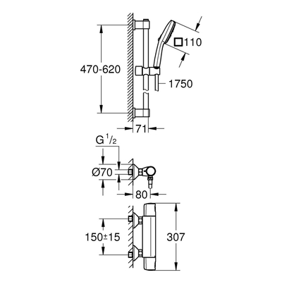 Grohe Precision Trend QuickFix Mitigeur douche - thermostatique - avec raccords - barre curseur 60cm - douchette 3 jets - Chrome