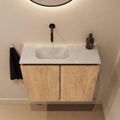MONDIAZ TURE-DLUX Meuble de toilettes 60 cm Washed Oak. Lavabo EDEN Opalo position gauche. Sans trou de robinet.