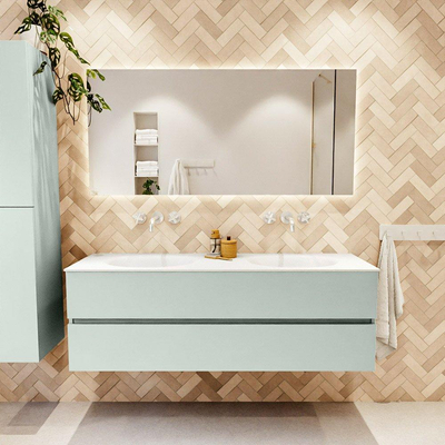 Mondiaz VICA ensemble de meuble de salle de bain - 150cm - meuble sous-vasque greey - 2 tiroirs - lavabo moon double - sans trous de robinet - couleur talc - miroir LED - version XL 60cm de haut