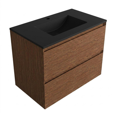 Saniclass Holz Pure Ensemble meuble de salle de bains - 80x45x62cm - Vasque Vygo en céramique noire - 1 vasque - 1 trou de robinet - 2 tiroirs - walnut pure mat (bois)