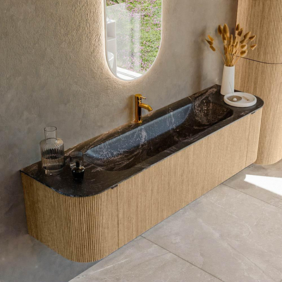MONDIAZ KURVE-DLUX 170cm badmeubel met module 25 Len R kleur Oak met 1 lade en 2 deuren. Wastafel BIG LARGE midden 1 kraangat kleur Lava.