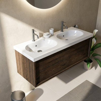 Saniclass Holz Frame Ensemble de meubles de salle de bains - 120x45x43.5cm - Lavabo en céramique Palermo blanc - 2 vasques - 2 trous de robinet - 1 tiroir - chêne charcoal mat (bois)