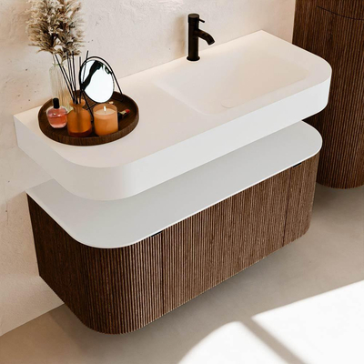 MONDIAZ THOR Meuble de salle de bains 110cm arrondi gauche + droite couleur Walnut avec 1 tiroir et 2 portes. Vasque suspendue CLOUD Droite 1 trou de robinet couleur Talc.