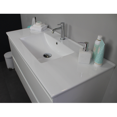 Basic Bella Meuble avec lavabo en porcelaine 1 trou de robinet 100x55x46cm avec armoire toilette à 2 portes gris Blanc brillant