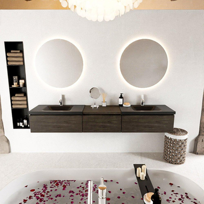 MONDIAZ BUKLA 220cm badmeubel met module 60 kleur Dark Brown met 3 lades. Wastafel CLOUD dubbel 2 kraangaten kleur Urban.