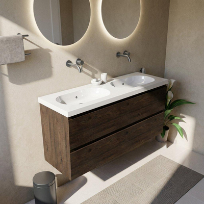 Saniclass Holz Pure Badkamermeubelset - 140x45x63.5cm - Palermo keramische wastafel wit - 2 wasbakken - zonder kraangaten - 4 lades - mat eiken charcoal (hout)