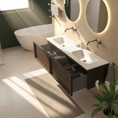 Saniclass Holz Frame Ensemble de meubles de salle de bains - 160x45x41.5cm - lavabo Flow en solid surface blanc - 2 vasques - sans trous de robinet - 2 tiroirs - chêne charcoal mat (bois)