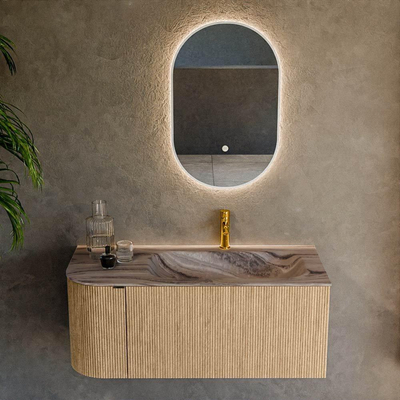 MONDIAZ KURVE-DLUX Meuble de salle de bains 105cm arrondi à gauche couleur Oak avec 1 tiroir et 1 porte. Lavabo BIG SMALL à droite 1 trou de robinet Sombra.