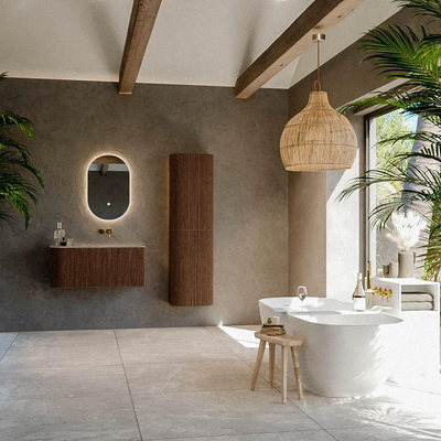 MONDIAZ KURVE-DLUX Meuble de salle de bains 95cm arrondi à gauche couleur Walnut avec 1 tiroir et 1 porte. Lavabo BIG SMALL à droite sans trou de robinet Oza.