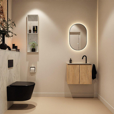 MONDIAZ TURE-DLUX Meuble toilette - 60cm - Washed Oak - EDEN - vasque Opalo - position centrale - 1 trou de robinet