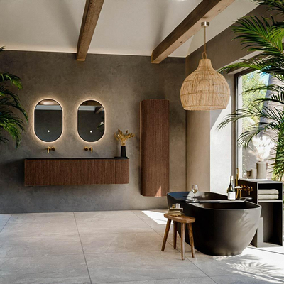 MONDIAZ KURVE Meuble de salle de bains 165 cm avec module 25 R couleur Walnut avec 2 tiroirs et 1 porte. Lavabo BIG SMALL double / gauche sans trou de robinet Urban.