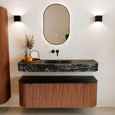 MONDIAZ THOR-DLUX Meuble de salle de bains 130cm arrondi gauche + droite couleur Ruby avec 1 tiroir et 2 portes. Vasque suspendue CLOUD Milieu sans trou de robinet couleur Lava.