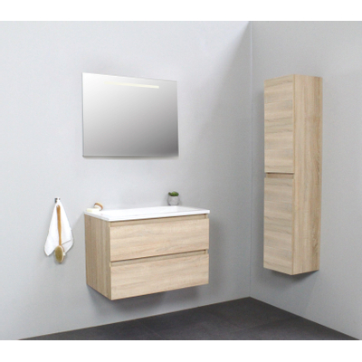 Basic Bella Meuble salle de bains avec lavabo acrylique Blanc 80x55x46cm sans trous de robinet avec miroir et éclairage Chêne