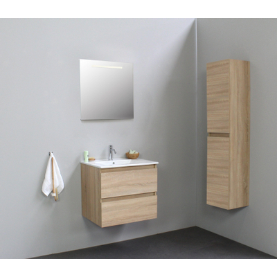 Basic Bella Meuble salle de bains avec lavabo céramique Blanc 60x55x46cm 1 trou de robinet avec miroir et éclairage Chêne