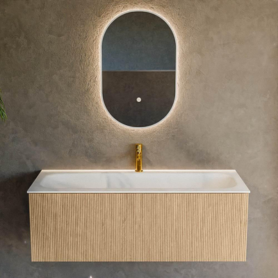 MONDIAZ KURVE 120cm Meuble salle de bain - couleur Oak - 1 tiroir - vasque BIG LARGE centre - 1 trou de robinet - Talc