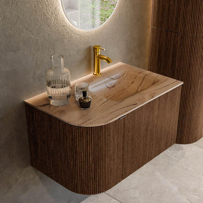 MONDIAZ KURVE-DLUX 75cm badmeubel ronding Links kleur Walnut met 1 lade en 1 deur. Wastafel GRUNNE Rechts 1 kraangat Arena.