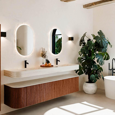 MONDIAZ THOR-DLUX 200cm meuble de salle de bains arrondi gauche + droite couleur Ruby avec 2 tiroirs et 2 portes. Vasque suspendue CLOUD Double 2 trous de robinet couleur Meli.