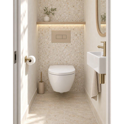 QeramiQ Dely Swirl Compact Toiletset - inbouwreservoir Geberit UP320 - met Burda frame - 25mm zitting - kunststof bedieningsplaat taupe - rechthoekige knoppen - glans wit