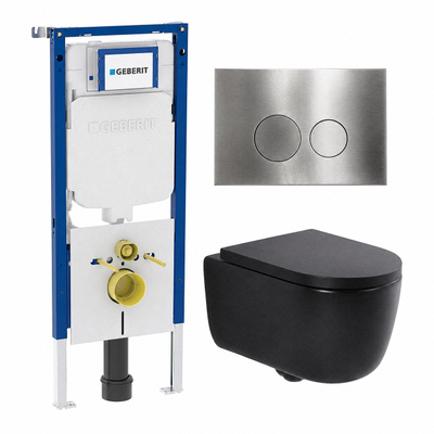 QeramiQ Dely Swirl Pack WC - 36,3x51,7cm - réservoir encastré Geberit UP720 Duofix Sigma - assise 35mm - plaque de déclenchement en acier - boutons ronds - noir mat