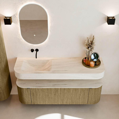 MONDIAZ THOR-DLUX Meuble de salle de bains - 150cm - arrondi gauche + droite - couleur Dusk - 1 tiroir et 2 portes - Vasque suspendue CLOUD Gauche sans trou de robinet - couleur Meli