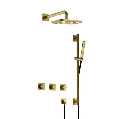 Hotbath Gal IBSGL70 Thermostatische doucheset inbouw - 2 stopkranen - 35cm wandarm - 22cm vierkante hoofddouche - staafhanddouche - glijstang - messing geborsteld PVD