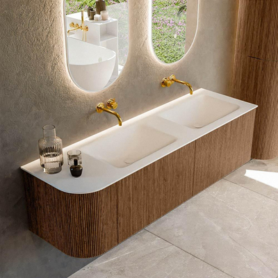 MONDIAZ KURVE 155cm Meuble salle de bain avec module 25 G - couleur Walnut - 2 tiroirs - 1 porte - vasque CLOUD double / droite - sans trous de robinet - Talc