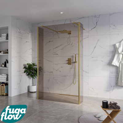 FugaFlow Eccelente Vetro Vrijstaande inloopdouche badkamer - 120x200cm - Rookglas - antikalk - 8mm veiligheidsglas - 2 zijwanden 30cm - met wandarmen en hoekprofielen - Messing geborsteld (goud) -