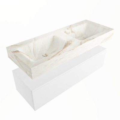 Mondiaz ALAN-DLUX Ensemble de meuble - 120cm - meuble Talc mat - 1 tiroir - Lavabo Cloud Frappe suspendu - vasque Gauche et droite - 2 trous de robinet