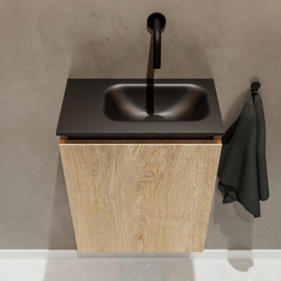 MONDIAZ TURE Fonteinset - 40x23x50cm - 0 kraangaten - 1 deur - washed oak mat - Wasbak rechts - Solid Surface Zwart