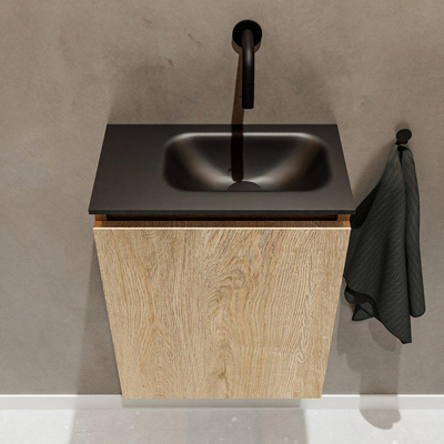 Mondiaz TURE Meuble lave-mains 40x23x50cm sans trous de robinet 1 porte Washed oak mat Lavabo Eden Droite Solid Surface Noir