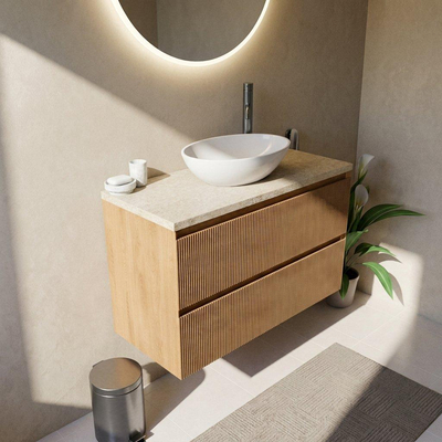 Saniclass Holz Atelier Ensemble de meubles de salle de bains - 100x45x63cm - Plan de travail en pierre naturelle travertin - 1 trou de robinet - 2 tiroirs - chêne naturel mat (bois)
