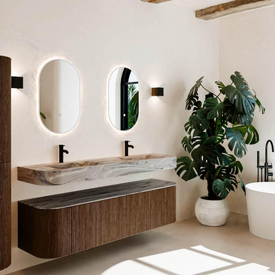 MONDIAZ THOR-DLUX 170cm meuble de salle de bains arrondi gauche + droite couleur Walnut avec 1 tiroir et 2 portes. Vasque suspendue CLOUD Double 2 trous de robinet couleur Sombra.