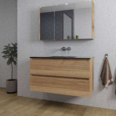 Adema Chaci Ensemble de meuble - 100x46x57cm - 1 vasque en céramique noire - sans trous de robinet - 2 tiroirs - armoire de toilette - cannelle