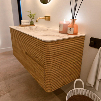 Mondiaz CIRO-DLUX Ensemble de meubles de salle de bains - 120x45x50cm - lavabo solid surface Frappe - 1 vasque à gauche - sans trous de robinet - 2 tiroirs - Chêne