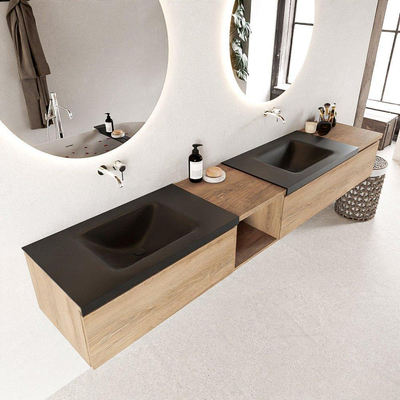 MONDIAZ BUKLA 240cm badmeubel met open module 40 links kleur Washed Oak met 3 lades. Wastafel CLOUD dubbel 0 kraangaten kleur Urban.