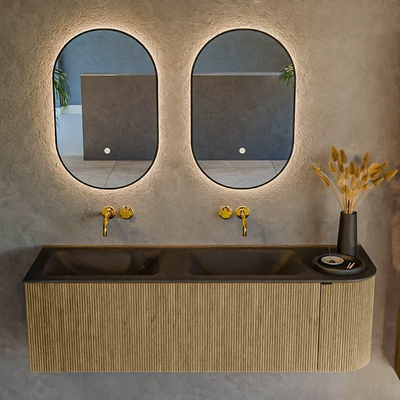 Ensemble de meuble de salle de bain Mondiaz KURVE - 145x46x40cm - 1 tiroir - 1 porte - lavabo en solid surface - double / gauche - sans trou de robinet - Dusk