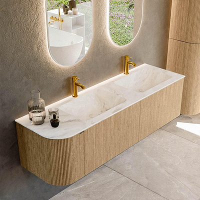 MONDIAZ KURVE-DLUX 155cm badmeubel met module 25 L kleur Oak met 2 lades en 1 deur. Wastafel LEAF dubbel / rechts 2 kraangaten kleur Frappe.